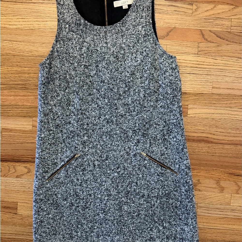 LOFT Charcoal Tweed Sheath Dress with Gold Zipper Accents